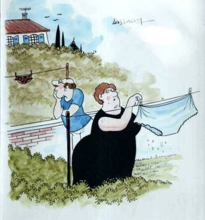 Cartoon showing a woman hanging oversized underwear while a man looks on, illustrating memes people share about personality.