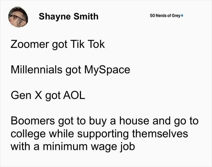 Social media generations meme comparing Zoomer TikTok, Millennials MySpace, Gen X AOL, and Boomer struggles with jobs and housing.