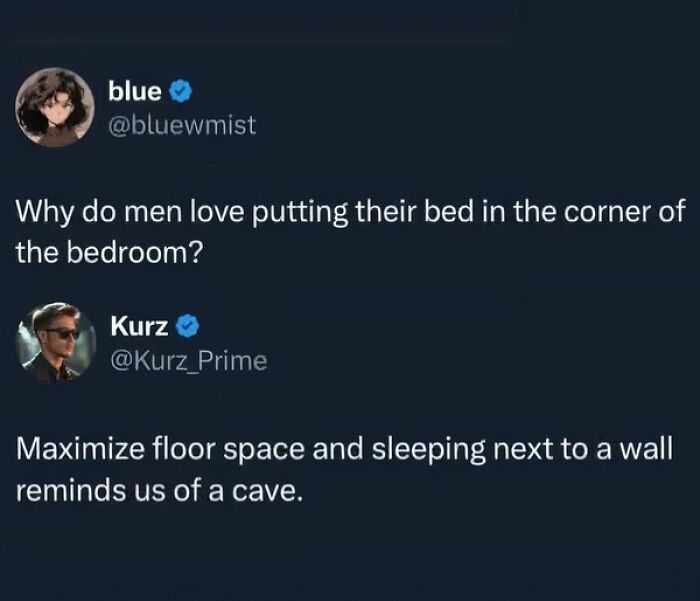 Twitter meme conversation about why men place their bed in the corner, highlighting space and cave-like comfort, for meme laughs.