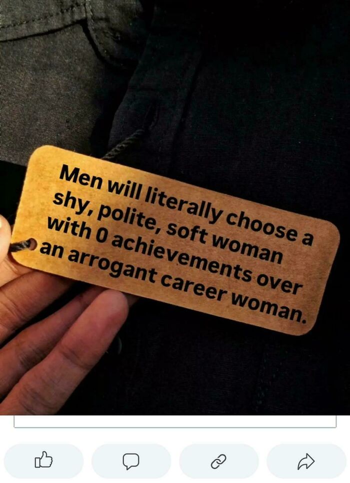 Hand holding a brown tag with a statement about men choosing shy, polite women over arrogant career women, meme quote.