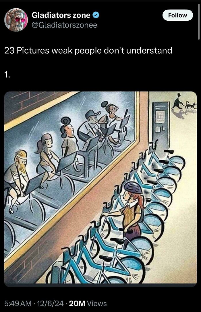Cartoon showing people exercising on stationary bikes inside while one outside rides a real bike, highlighting meme sharing humor.