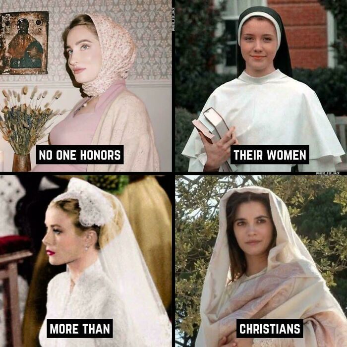 Four women dressed in modest vintage and religious attire illustrating themes in infuriating memes people share.