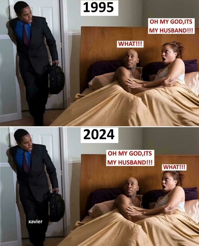 Couple surprised in bed reacting to a man entering, illustrating changing meme humor from 1995 to 2024.