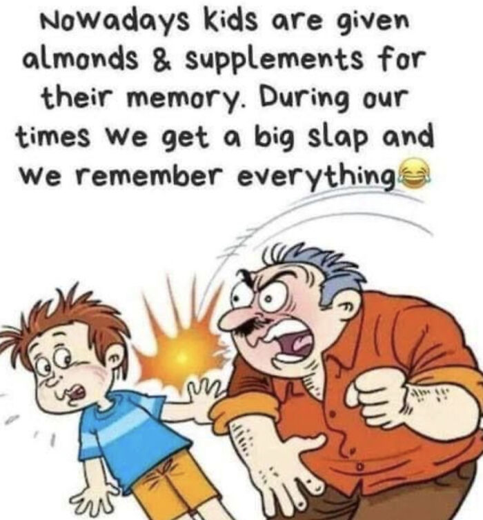 Cartoon meme showing a man spanking a boy with text about memory and comparing past and present childhood discipline.