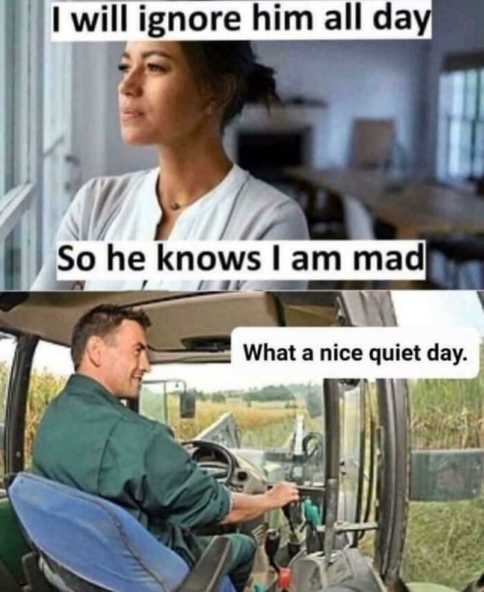 Woman ignoring man who is happily working on tractor, illustrating memes about personal emotions and relationships.