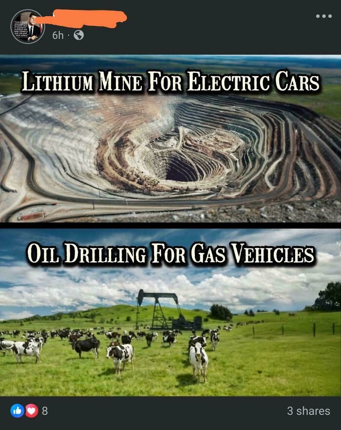 Meme contrasting environmental impact of lithium mining for electric cars versus oil drilling for gas vehicles.