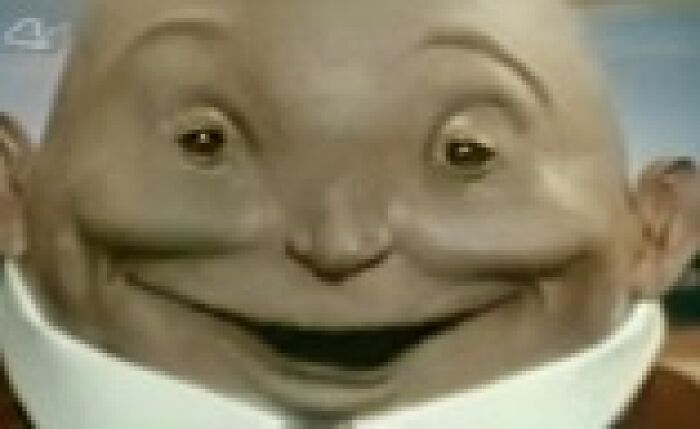 Creepy commercial character with an unsettling smile and distorted facial features in a surreal scene.