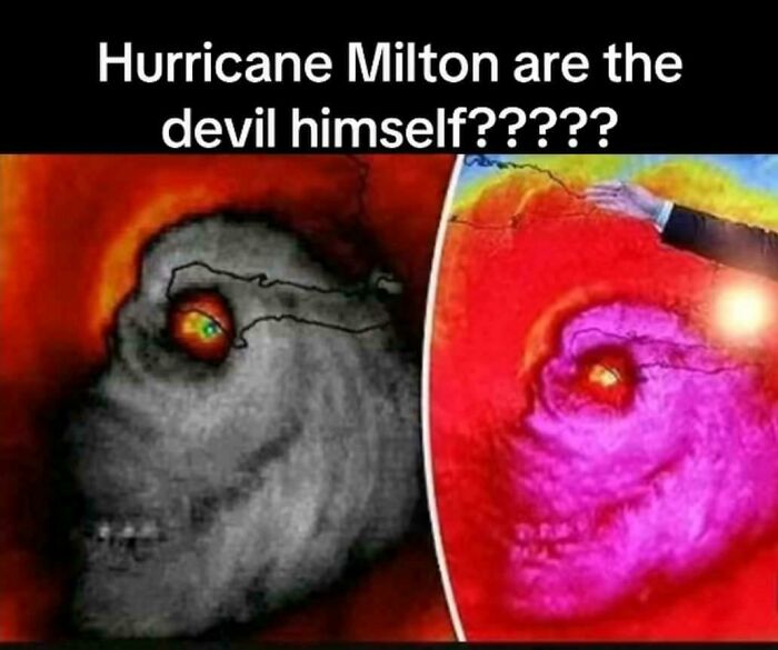 Hurricane satellite image edited to look like a devil skull with text about Hurricane Milton, a dark humor meme example.