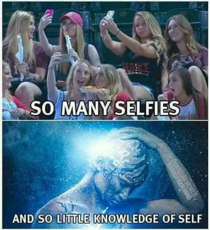 Group of young women taking selfies above a digital art figure glowing with light, highlighting memes about self-awareness.