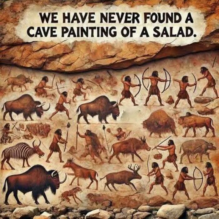 Cave painting meme humor about hunting scenes, illustrating memes people share to reveal personality traits.