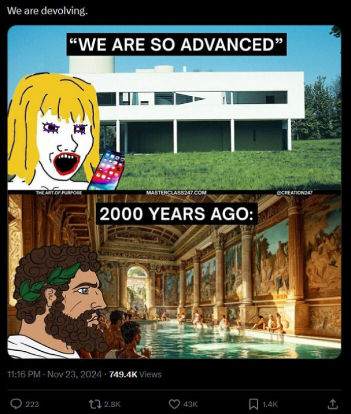 Meme comparing modern simplicity with ancient Roman bathhouses, highlighting themes from memes people share.