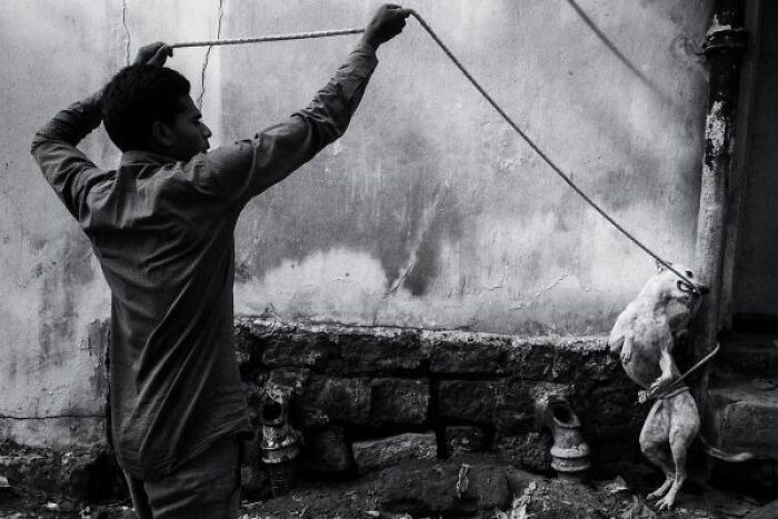 Black-and-white photo of a man holding a rope tied to a dog against a weathered wall on the streets of India.