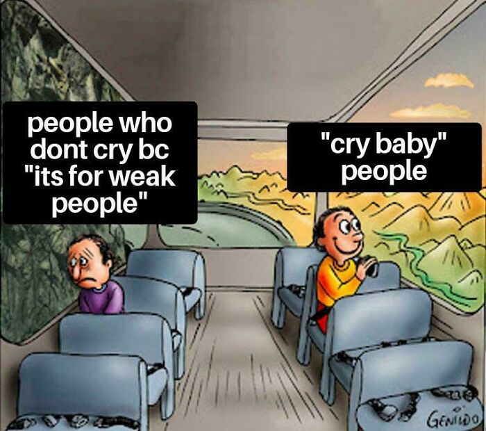 Psychology meme showing contrasting views on crying with two people on a bus representing mind and emotions.