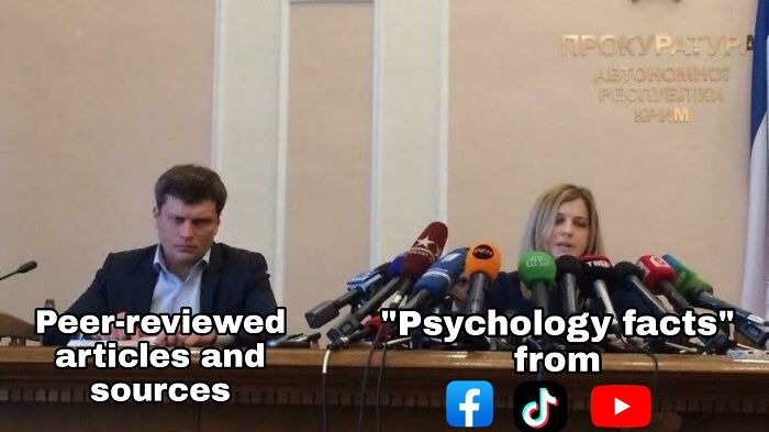 Two speakers at a press conference with microphones, humorously contrasting psychology memes and peer-reviewed sources.