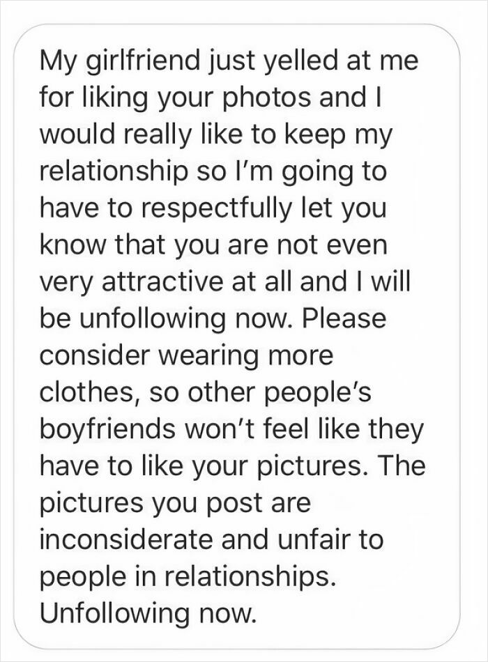 Screenshot of a message showing unhinged things women said about relationships and social media behavior.