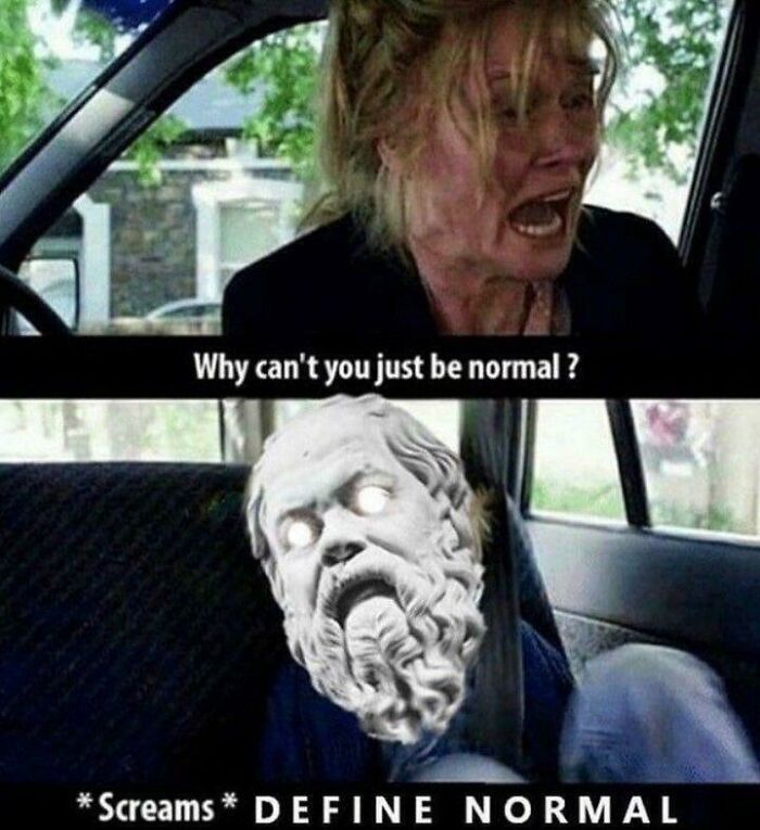 Woman yelling in a car at a glowing statue head with text meme about defining normal in psychology memes.