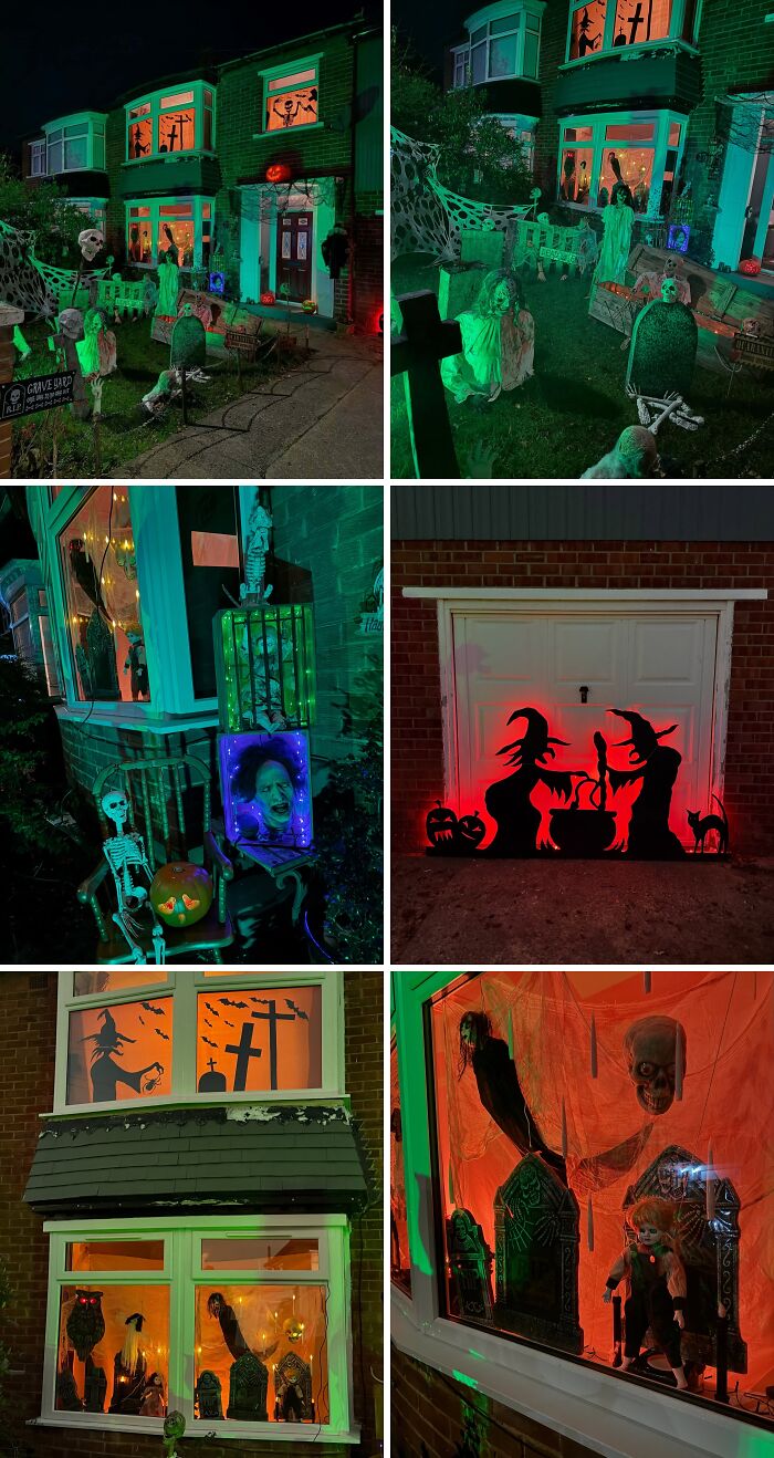 Outdoor Halloween decorations with skeletons, witches, tombstones, and spooky lighting creating a haunted house scene at night
