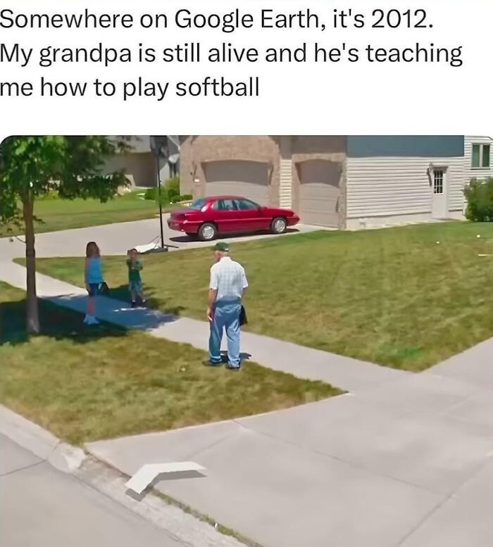 Older man teaching children softball on a suburban lawn captured unexpectedly on Google Earth and Maps.