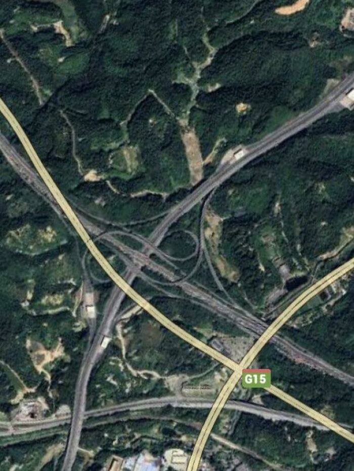 Aerial view of a complex highway interchange surrounded by dense forest captured on Google Earth maps.