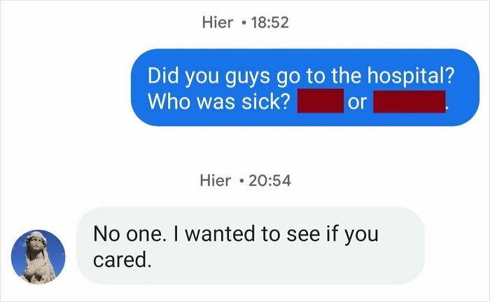Text message exchange showing an unhinged conversation between women asking about a hospital visit and caring.