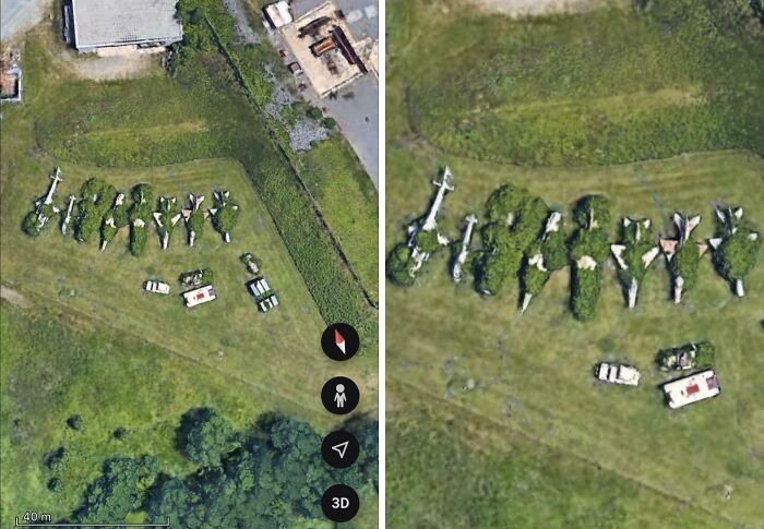 Aerial view of abandoned airplanes and vehicles in a field captured by Google Earth and Maps unexpectedly.