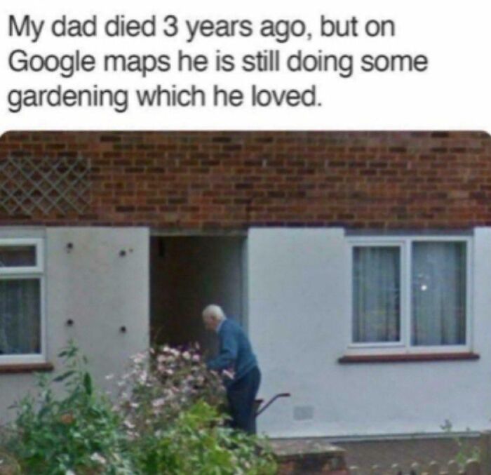 Elderly man appearing to garden outside a house, a heartfelt moment captured on Google Earth and Maps.