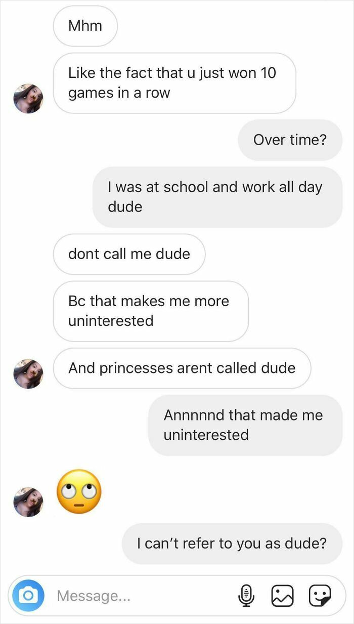 Screenshot of an unhinged conversation where a woman insists princesses aren't called dude in chat messages.