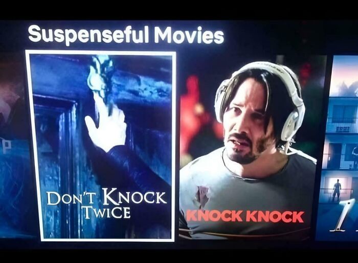 Suspenseful movies poster featuring a person with headphones and a humorous knock knock reference in accidental comedy style.