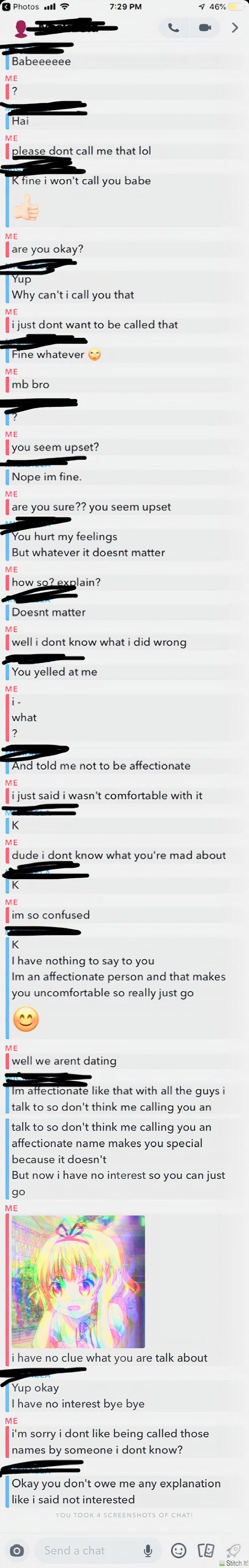 Screenshot of an unhinged text conversation showing confusing and emotional messages between two people.