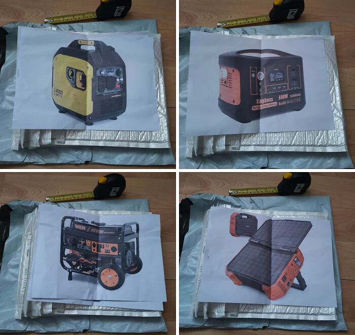 Photos of various generators printed and placed on padded parcels, illustrating careless online shopping backfires.