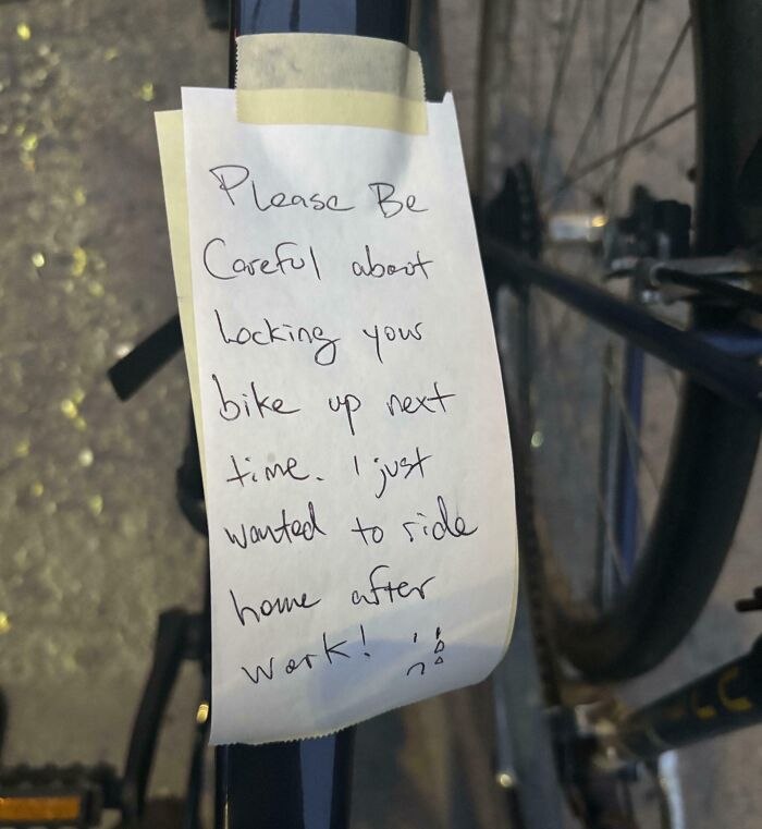 Note with a frustrated message about bike locking, illustrating mildly infuriating things that tested people's patience.