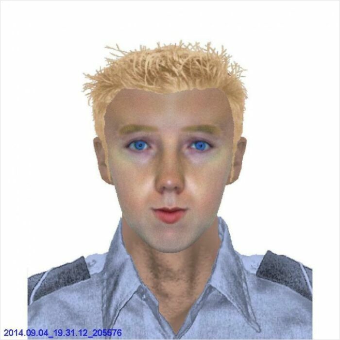 Police sketch of a young man with blond hair and blue eyes, resembling a poorly executed digital caricature.