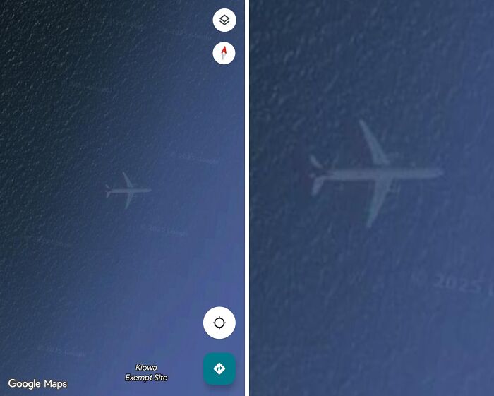 Satellite image from Google Maps showing a faint airplane captured unexpectedly over the ocean near Kiowa Exempt Site.