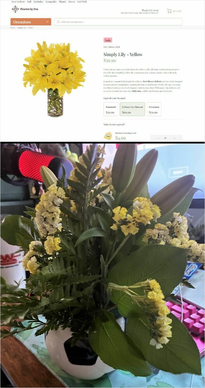 Online shopping backfired with a failed flower order showing a large bouquet of greenery instead of yellow lilies.