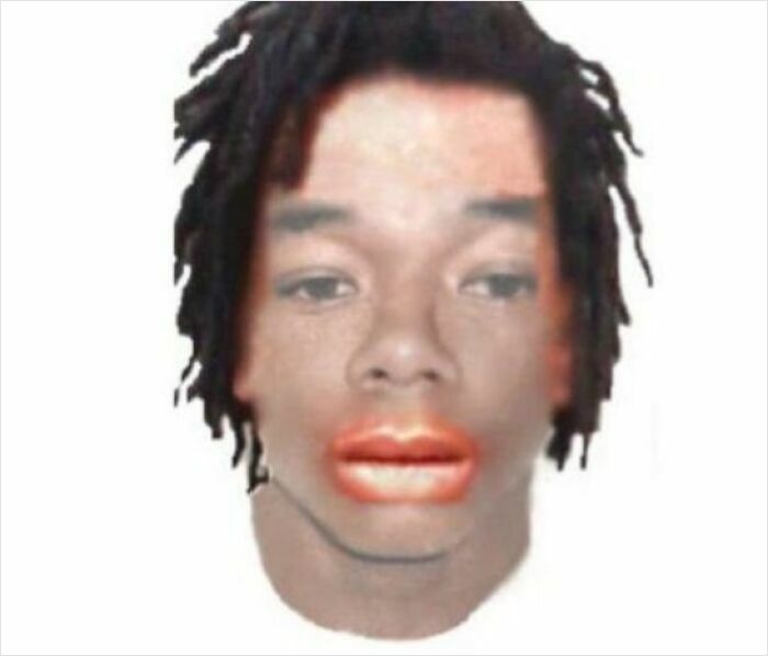 Police sketch with exaggerated facial features resembling a poorly drawn caricature with highlighted lips and dreadlocks.