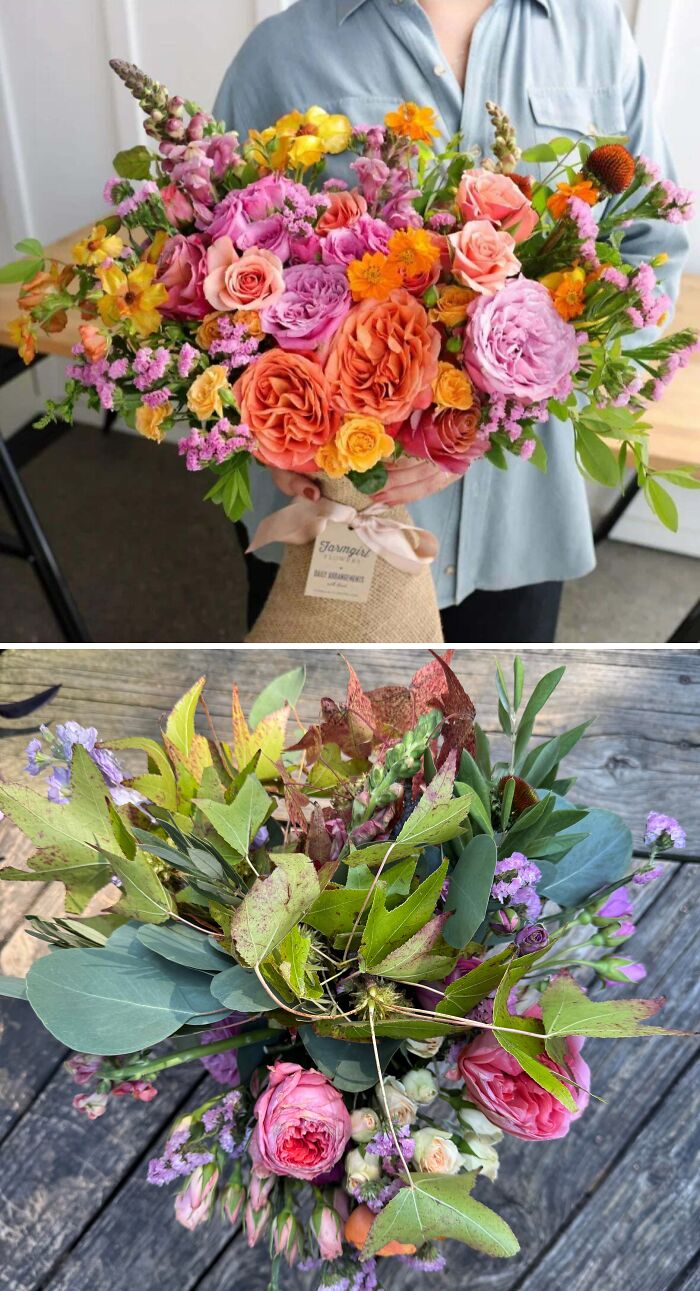 Comparison of colorful bouquet vs disappointing foliage showing careless online shopping backfired in the most hilarious ways.