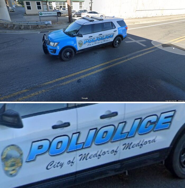 Police SUV with a misspelled logo captured unexpectedly on Google Maps in the City of Medford street view.
