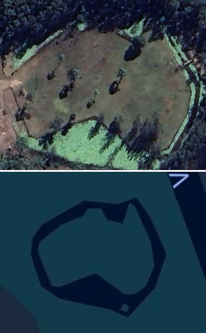 Aerial and satellite views of a land enclosure resembling the shape of Australia on Google Earth and Maps.