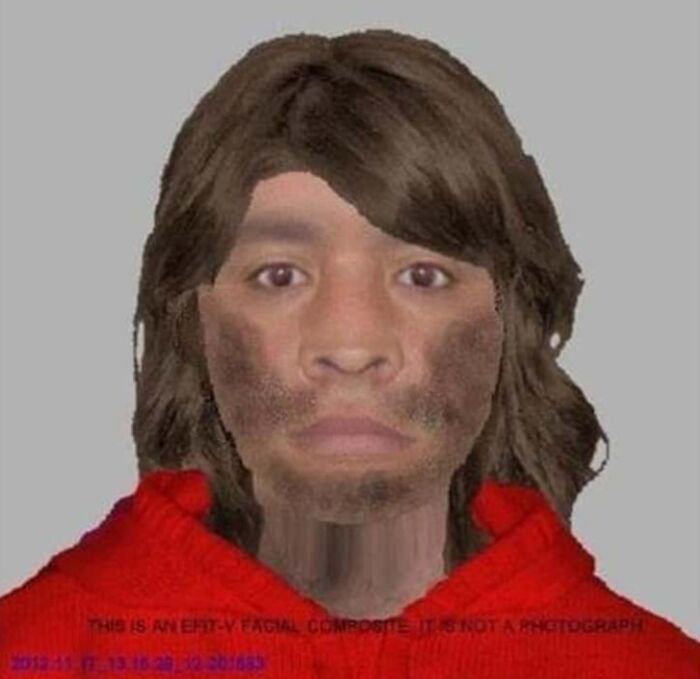 Poorly drawn police sketch of a person with dark hair and red clothing resembling a bad caricature portrait.
