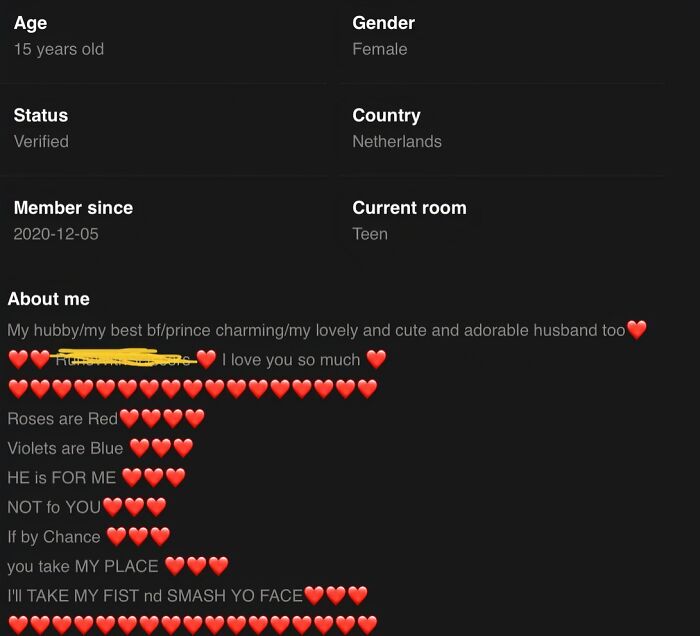 Screenshot of a female user profile featuring a dramatic love poem with numerous heart emojis, exemplifying unhinged comments.