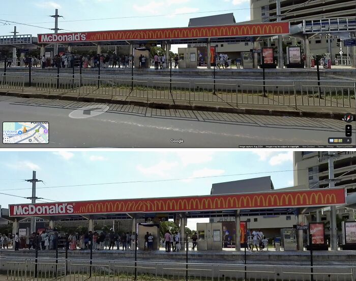 Google Maps street view showing a crowded bus stop with an extended McDonald's sign, an unexpected capture from Google Earth.