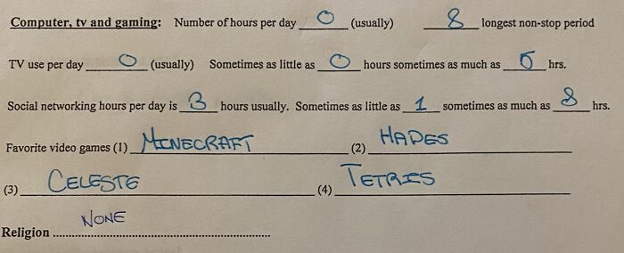 Handwritten patient survey form listing daily hours of gaming, TV, social networking, and favorite video games for patient ease.