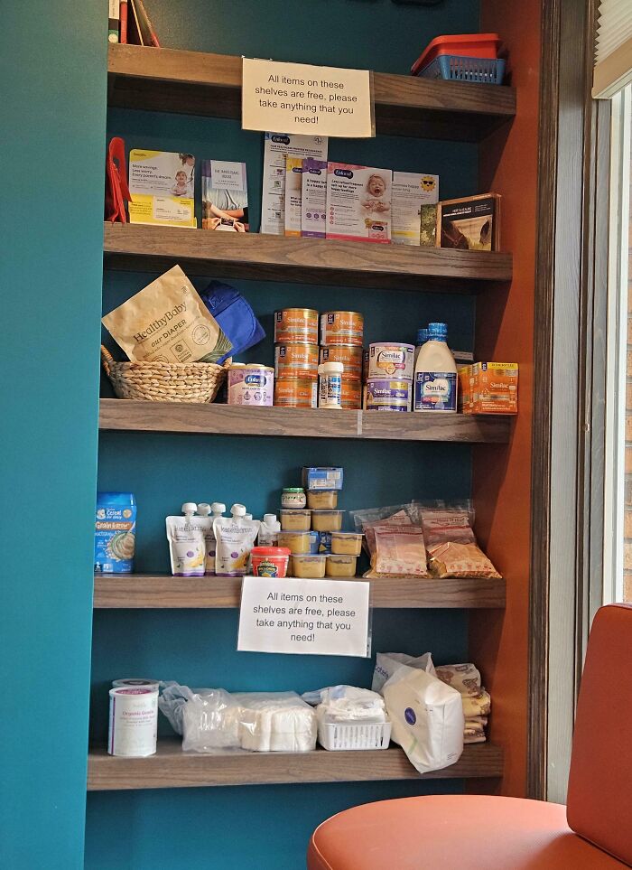 Shelves stocked with free baby supplies and food, a wholesome doctor initiative to put patients at ease.