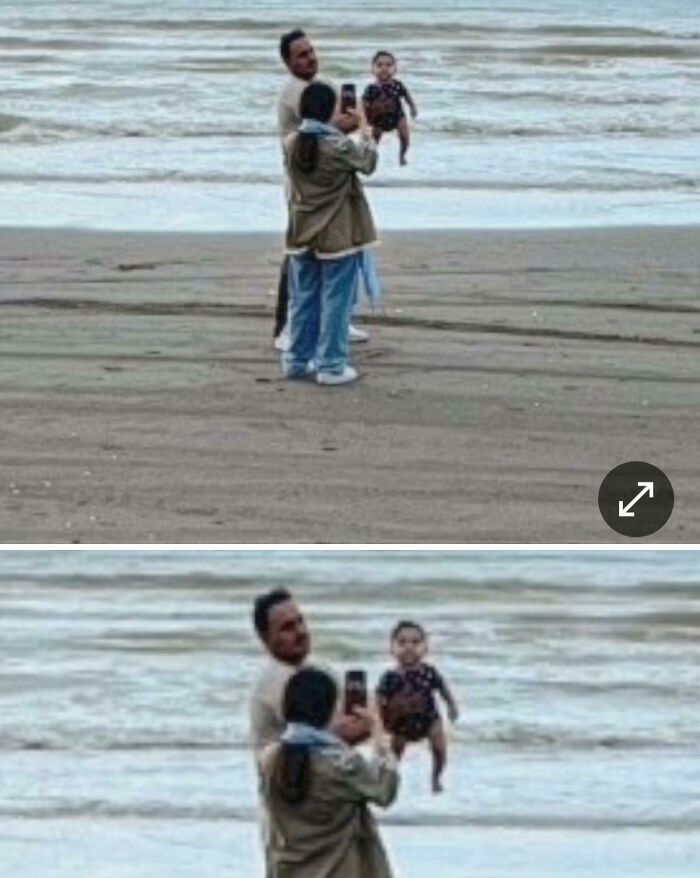 Man holding a baby on the beach appearing to float in the air captured in an unexpected Google Earth and Maps moment.