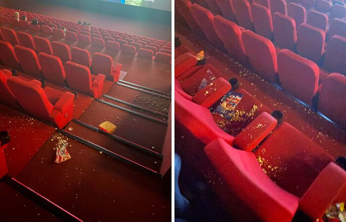 Cinema seats covered with spilled popcorn and trash, showcasing mildly infuriating things that test people’s patience.