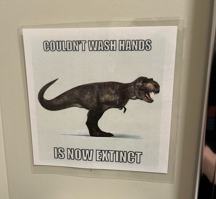 Sign with a T-Rex image and humorous text about hand washing, showing a wholesome thing doctors did to put patients at ease.
