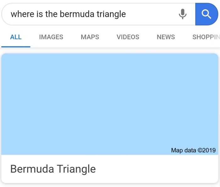 Google search for Bermuda Triangle location shown with blank map area, capturing unexpected Google Earth and Maps result.