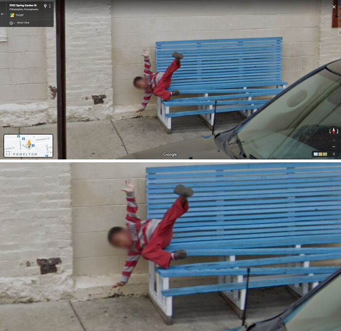 Child in mid-fall captured unexpectedly by Google Earth and Maps near a blue bench and a parked car.