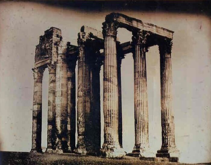 Ancient temple ruins captured in one of the early photographs from the time when photography was new.