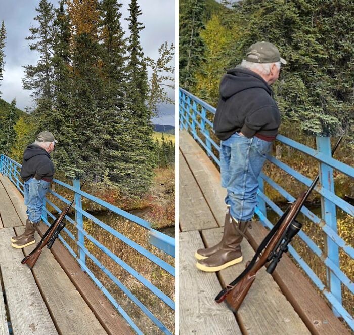 Small person with no arms standing on a bridge with a rifle leaning against the railing, an unexpected Google Earth and Maps capture.